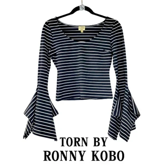 Torn by Ronny Kobo Striped Bell Sleeve Crop Top. Size Small - Picture 1 of 7